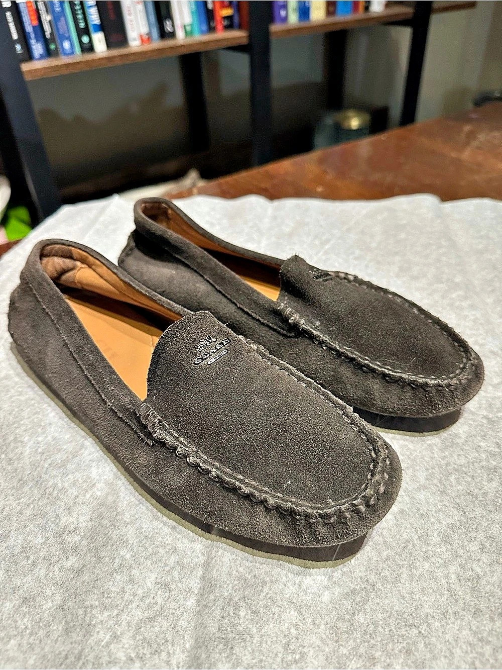 Coach Amber Suede Driving Moccasins Piombo Gray Loafers Sz 8B Quiet Luxury